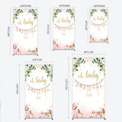 Aperturee - Aperturee Oh Baby Clothesline Rectangle Backdrop for Baby Shower Whimsical Pink and Gold with Fairytale Village Girl Party Decor