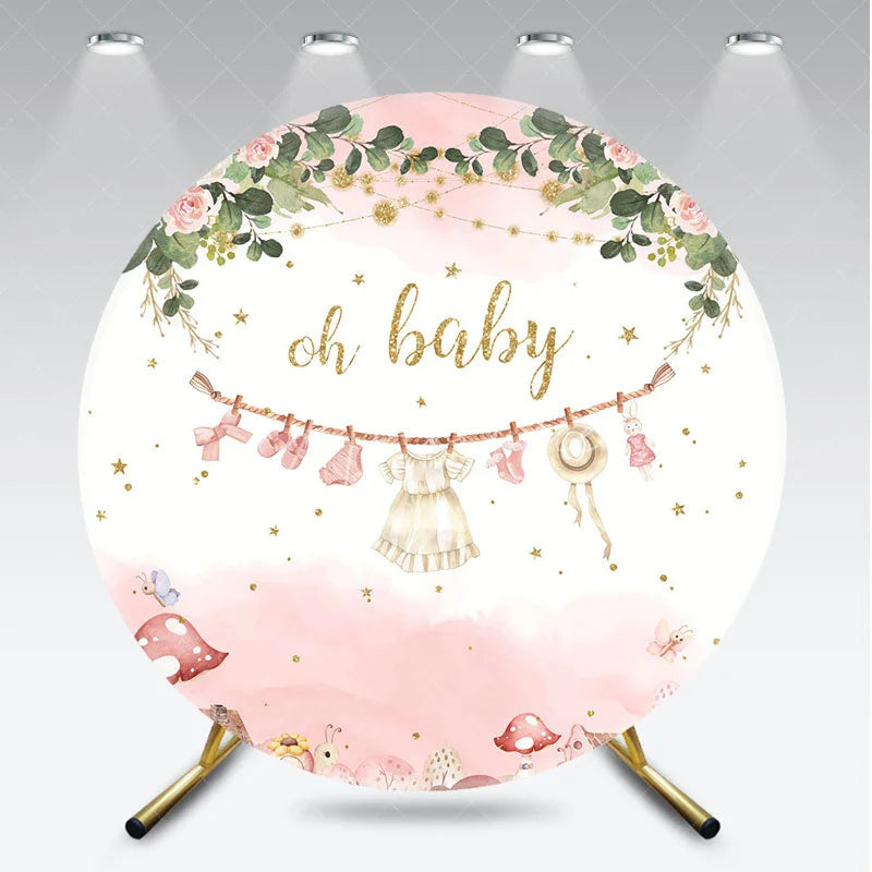 Aperturee - Aperturee Oh Baby Clothesline Round Backdrop for Baby Shower Boho Floral with Pink and Gold Girl Party Photo Booth Decor
