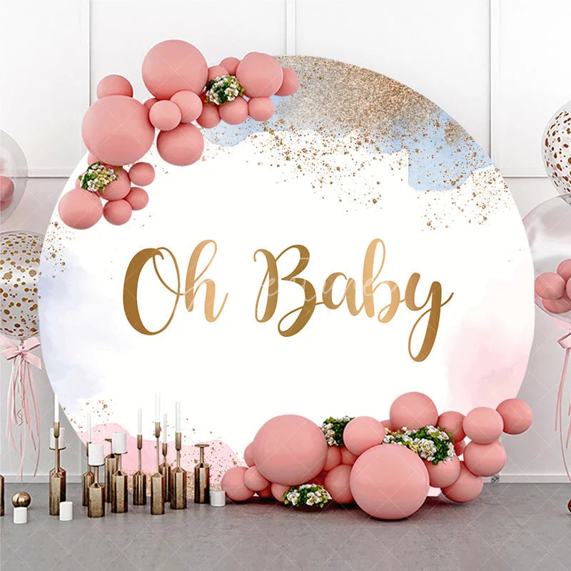 Aperturee - Aperturee Oh Baby Gold Glitter Pink and Blue Watercolor Round Backdrop Baby Shower Gender Reveal Party Decor