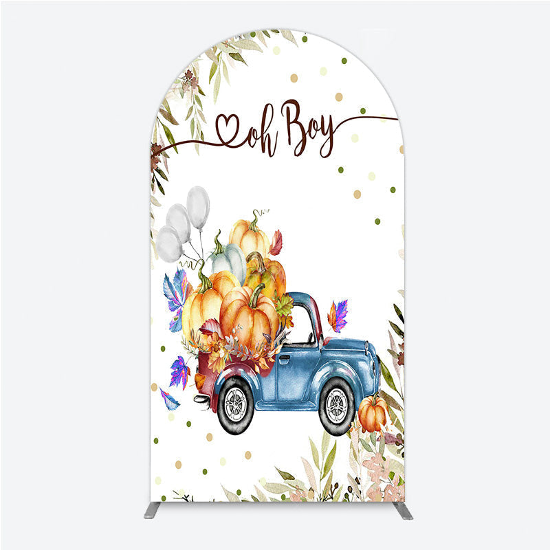 Aperturee - Aperturee Oh Boy Blue Truck Arch Backdrop for Baby Shower Rustic Autumn Pumpkin Theme Fall Party Photo Booth Decor for Boy