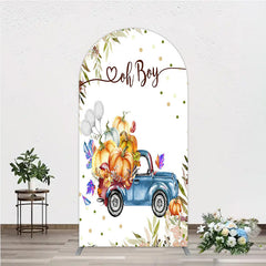 Aperturee - Aperturee Oh Boy Blue Truck Arch Backdrop for Baby Shower Rustic Autumn Pumpkin Theme Fall Party Photo Booth Decor for Boy