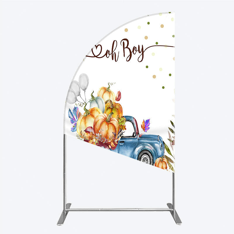 Aperturee - Aperturee Oh Boy Blue Truck Half Moon Arch Backdrop for Baby Shower Rustic Autumn Pumpkin Theme Fall Party Photo Booth Decor