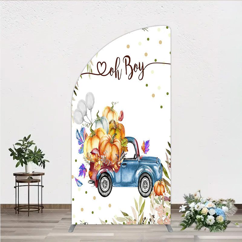 Aperturee - Aperturee Oh Boy Blue Truck Half Moon Arch Backdrop for Baby Shower Rustic Autumn Pumpkin Theme Fall Party Photo Booth Decor
