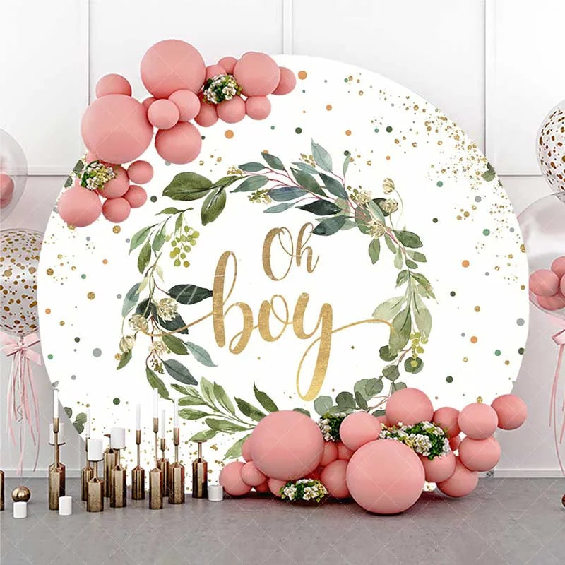 Aperturee - Aperturee Oh Boy Greenery Wreath Round Backdrop Eucalyptus Leaves and Gold Glitter Baby Shower Background