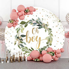 Aperturee - Aperturee Oh Boy Greenery Wreath Round Backdrop Eucalyptus Leaves and Gold Glitter Baby Shower Background