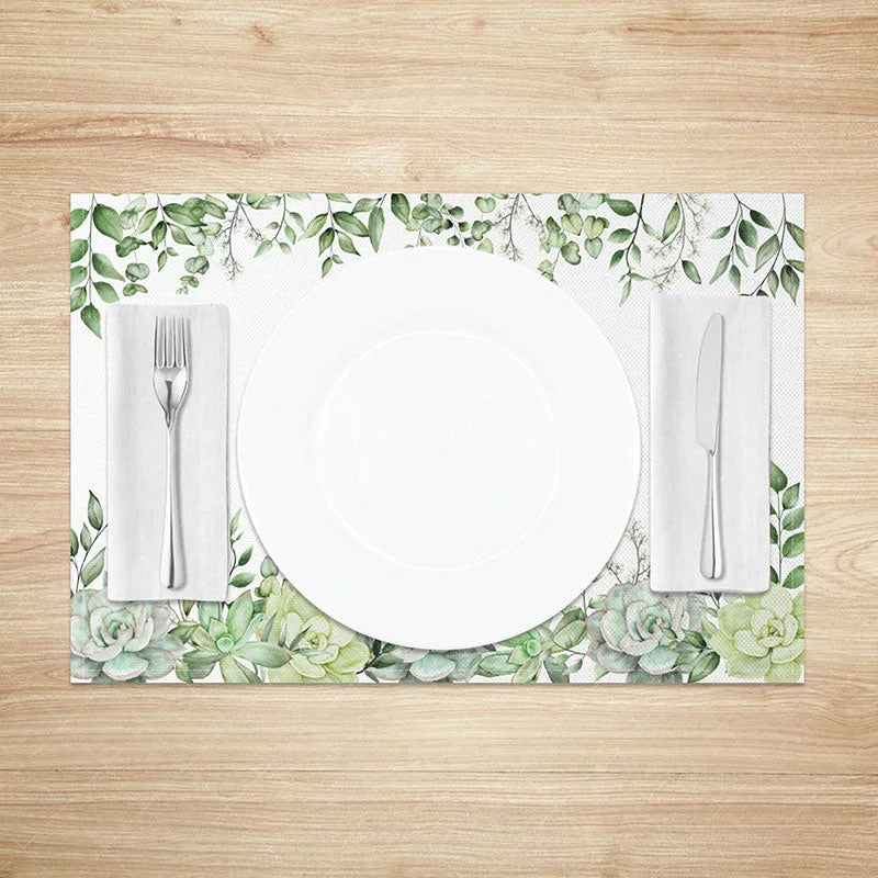 Aperturee - Aperturee Oh Spring Green Succulent and Leaf Set of 4 Placemats Botanical Garden Style Dining Table Mats
