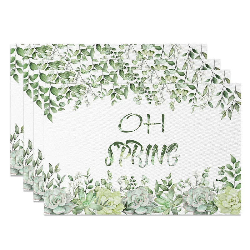 Aperturee - Aperturee Oh Spring Green Succulent and Leaf Set of 4 Placemats Botanical Garden Style Dining Table Mats