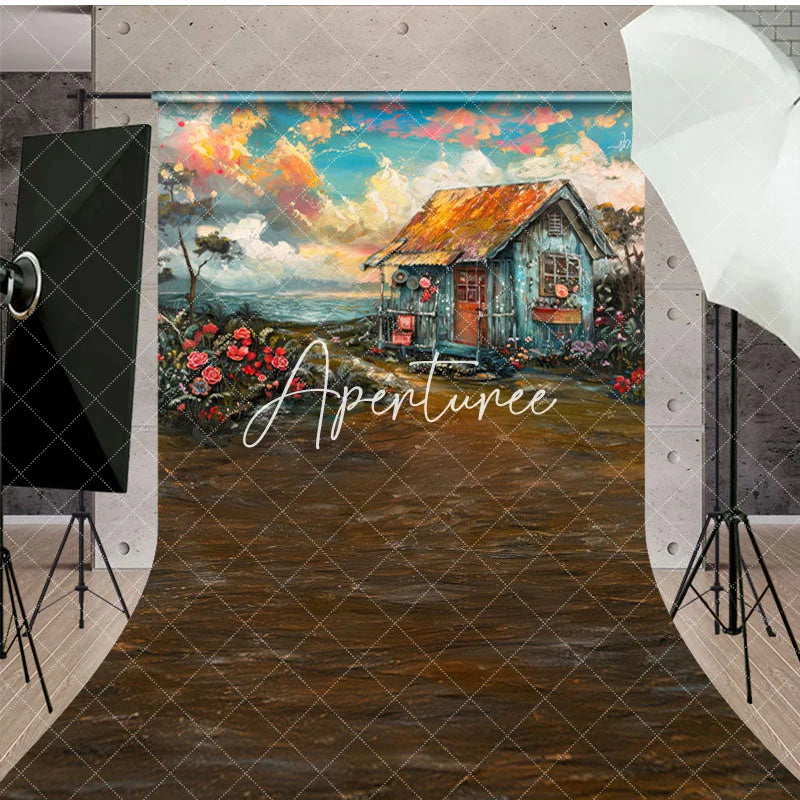 Aperturee - Aperturee Oil Painted Blue Sky Beach Shack Floral Sweep Backdrop