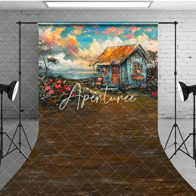 Aperturee - Aperturee Oil Painted Blue Sky Beach Shack Floral Sweep Backdrop
