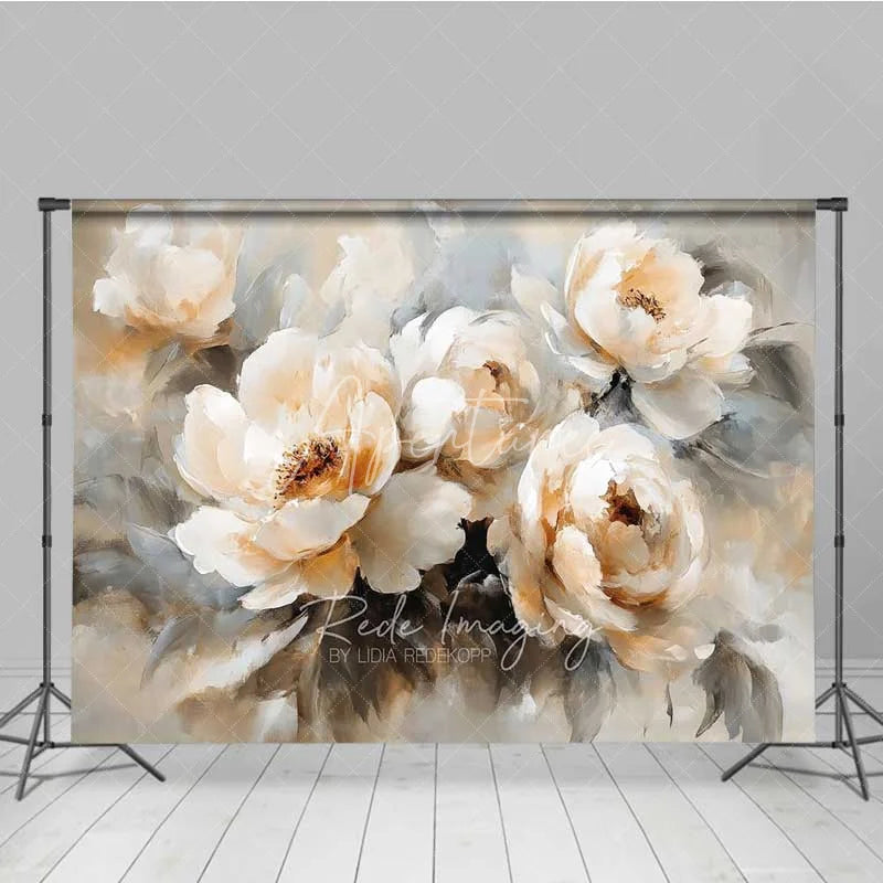 Aperturee - Aperturee Oil Painting Floral Backdrop Vintage White Peony Flower Photography Background Artistic Bloom Photo Booth Prop