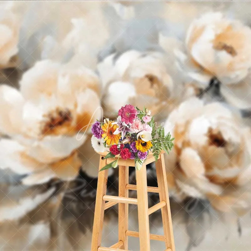Aperturee - Aperturee Oil Painting Floral Backdrop Vintage White Peony Flower Photography Background Artistic Bloom Photo Booth Prop
