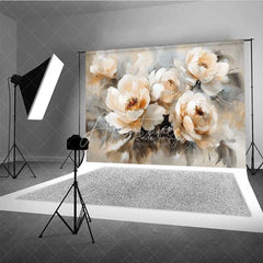 Aperturee - Aperturee Oil Painting Floral Backdrop Vintage White Peony Flower Photography Background Artistic Bloom Photo Booth Prop