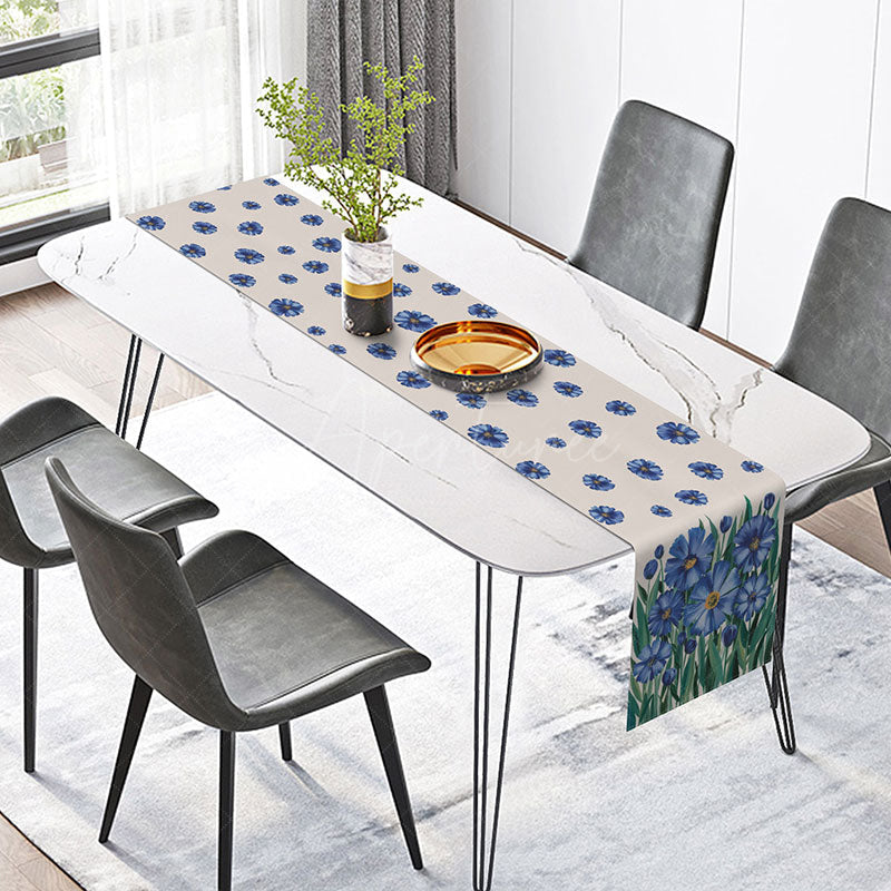 Aperturee - Aperturee Oil Painting Style Table Runner with Blue Floral and Plant Pattern for Artistic and Elegant Dining Decor