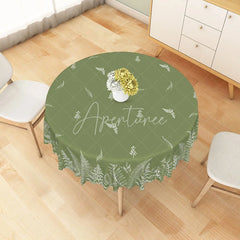 Aperturee - Aperturee Olive Green Round Tablecloth with White Botanical Fern Pattern Scalloped Edge Home Dining Decor