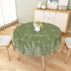 Aperturee - Aperturee Olive Green Round Tablecloth with White Botanical Fern Pattern Scalloped Edge Home Dining Decor
