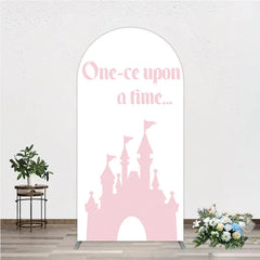 Aperturee - Aperturee Once Upon a Time Princess Arch Backdrop Pink Fairytale Castle Silhouette First Birthday or Baby Shower Party Decor