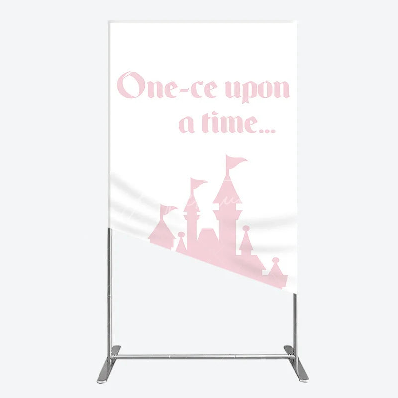 Aperturee - Aperturee Once Upon a Time Princess Rectangle Backdrop Pink Fairytale Castle Silhouette First Birthday or Baby Shower Party