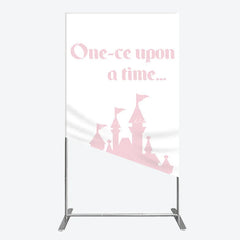 Aperturee - Aperturee Once Upon a Time Princess Rectangle Backdrop Pink Fairytale Castle Silhouette First Birthday or Baby Shower Party
