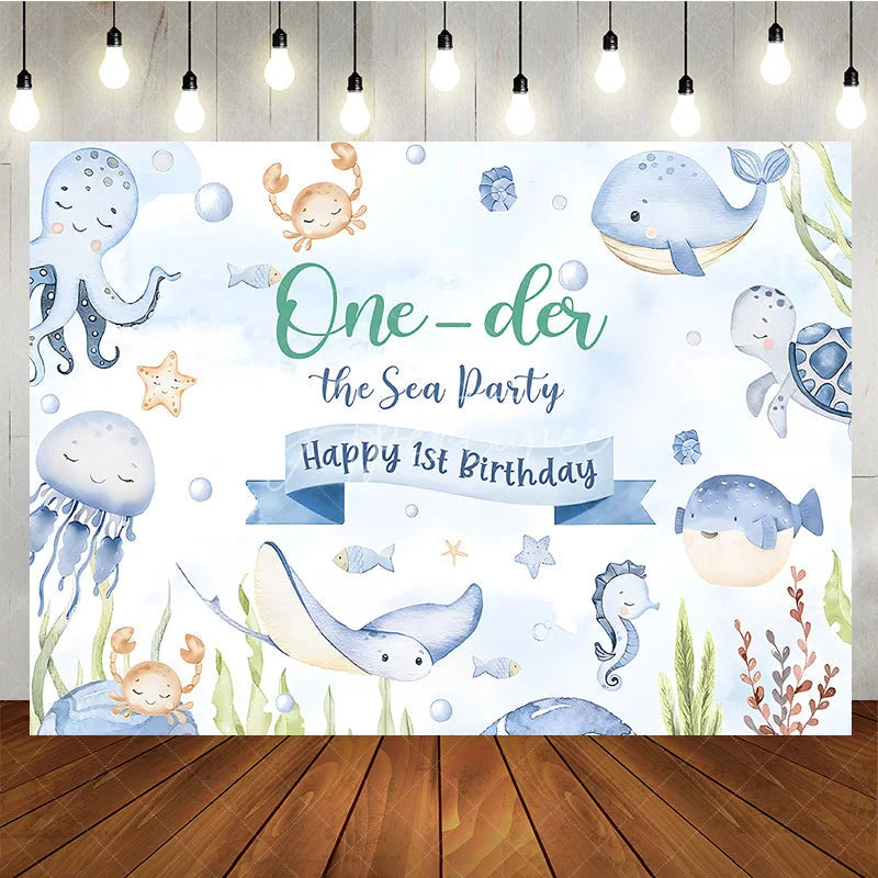 Aperturee - Aperturee One-der the Sea 1st Birthday Backdrop for Boy or Girl Cute Ocean Animals Party Under the Sea Photo Booth Decor