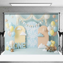 Aperturee - Aperturee One Happy Birthday Backdrop Hot Air Balloon Clouds Pilot Photography Background 1st Birthday Cake Smash Prop
