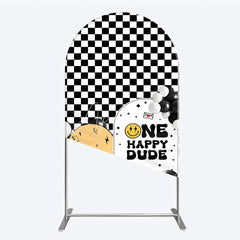 Aperturee - Aperturee One Happy Dude 1st Birthday Arch Backdrop Black and White Checkered with Smile Face Background Boys Party Decoration
