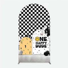 Aperturee - Aperturee One Happy Dude 1st Birthday Arch Backdrop Black and White Checkered with Smile Face Background Boys Party Decoration