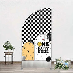 Aperturee - Aperturee One Happy Dude 1st Birthday Half Moon Arch Backdrop Black and White Checkered with Smile Face Background Boys Party