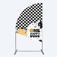 Aperturee - Aperturee One Happy Dude 1st Birthday Half Moon Arch Backdrop Black and White Checkered with Smile Face Background Boys Party