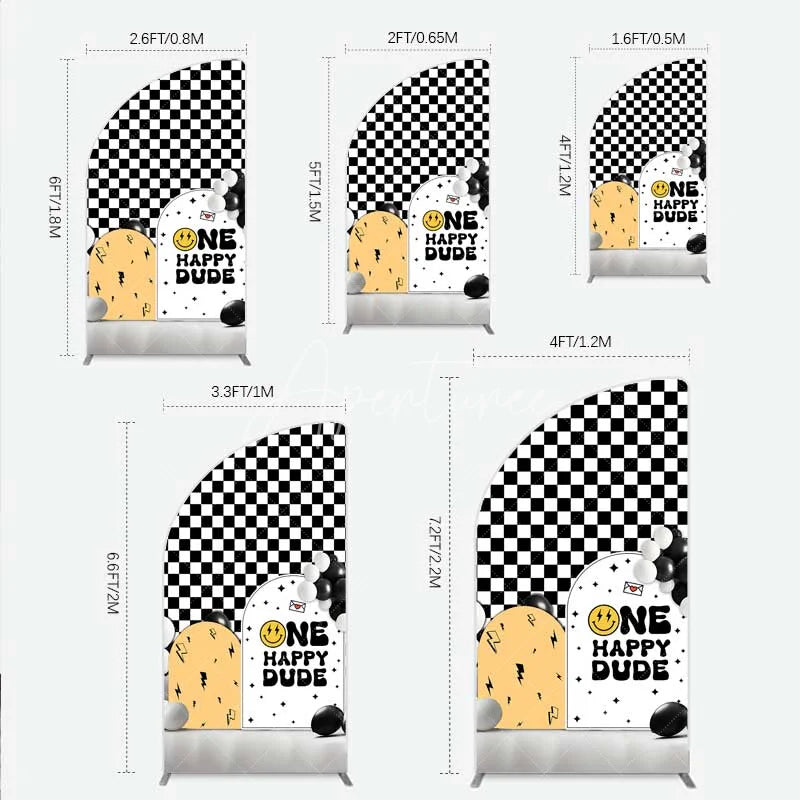 Aperturee - Aperturee One Happy Dude 1st Birthday Half Moon Arch Backdrop Black and White Checkered with Smile Face Background Boys Party
