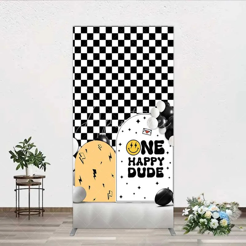 Aperturee - Aperturee One Happy Dude 1st Birthday Rectangle Backdrop Black and White Checkered with Smile Face Background Boys Party