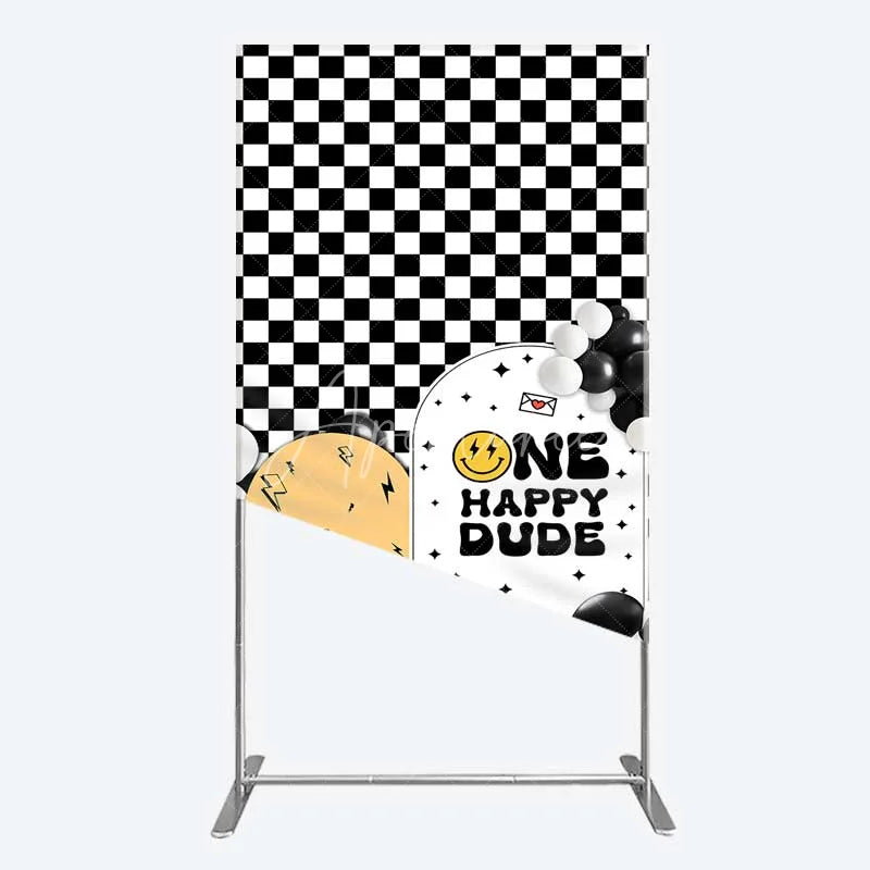Aperturee - Aperturee One Happy Dude 1st Birthday Rectangle Backdrop Black and White Checkered with Smile Face Background Boys Party