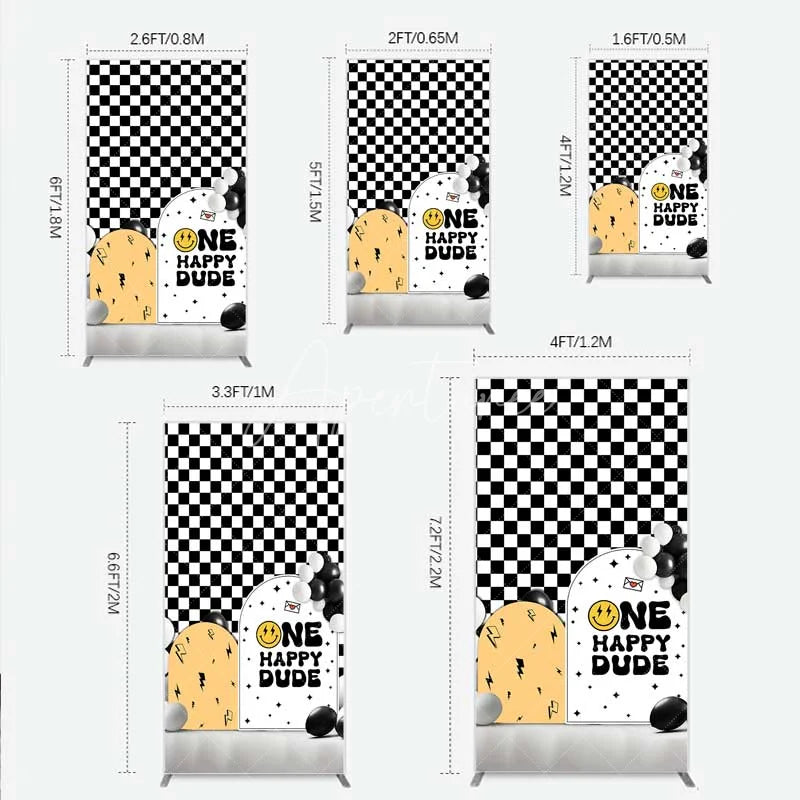 Aperturee - Aperturee One Happy Dude 1st Birthday Rectangle Backdrop Black and White Checkered with Smile Face Background Boys Party