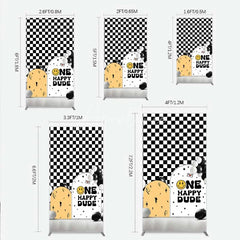Aperturee - Aperturee One Happy Dude 1st Birthday Rectangle Backdrop Black and White Checkered with Smile Face Background Boys Party