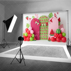 Aperturee - Aperturee One in a Melon Watermelon Photography Backdrop Pink and Green Fruit Party Banner