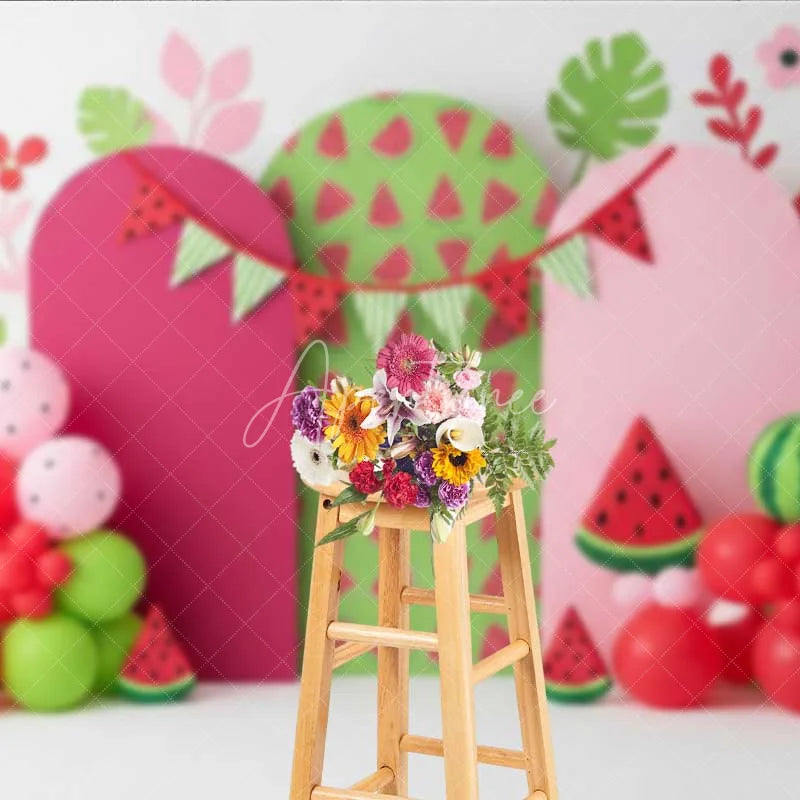 Aperturee - Aperturee One in a Melon Watermelon Photography Backdrop Pink and Green Fruit Party Banner