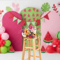 Aperturee - Aperturee One in a Melon Watermelon Photography Backdrop Pink and Green Fruit Party Banner