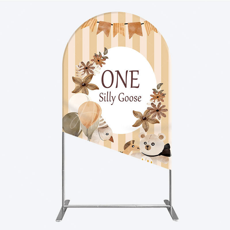 Aperturee - Aperturee One Silly Goose First Birthday Arch Backdrop Farm Themed Party with Goose and Bear Rustic Storybook Decor Prop