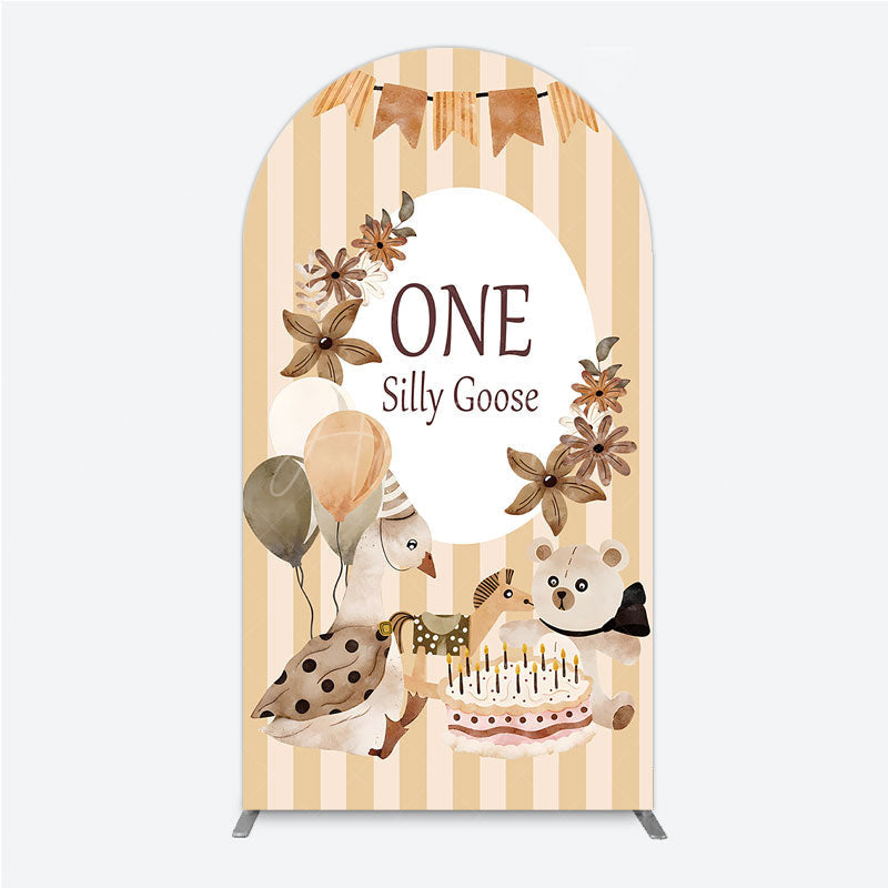 Aperturee - Aperturee One Silly Goose First Birthday Arch Backdrop Farm Themed Party with Goose and Bear Rustic Storybook Decor Prop