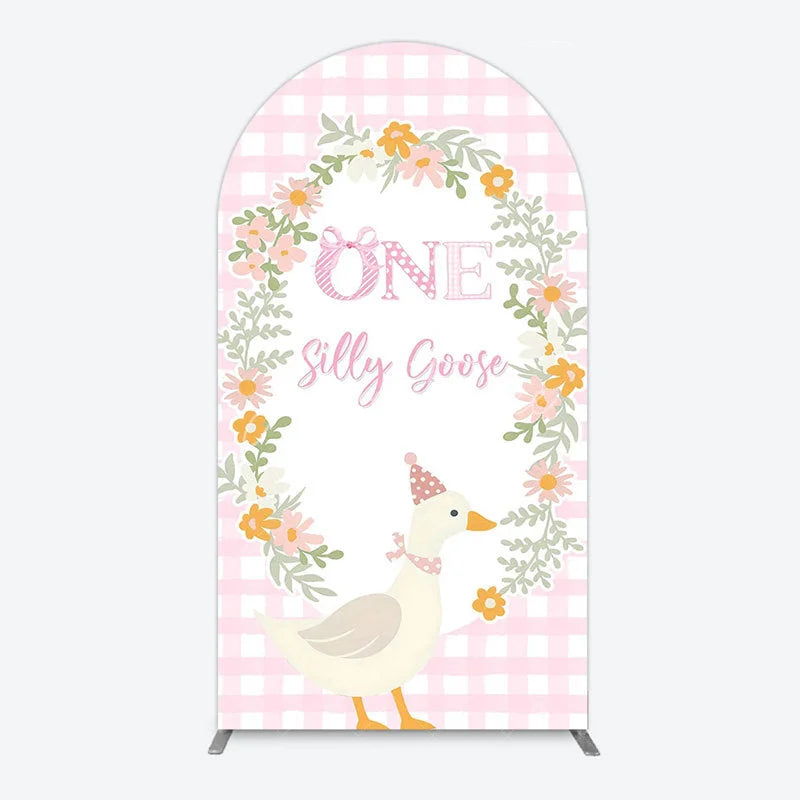 Aperturee - Aperturee One Silly Goose First Birthday Arch Backdrop Gingham with Floral Wreath Farmhouse Party Photo Booth Decor