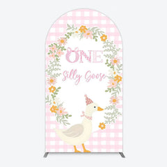 Aperturee - Aperturee One Silly Goose First Birthday Arch Backdrop Gingham with Floral Wreath Farmhouse Party Photo Booth Decor