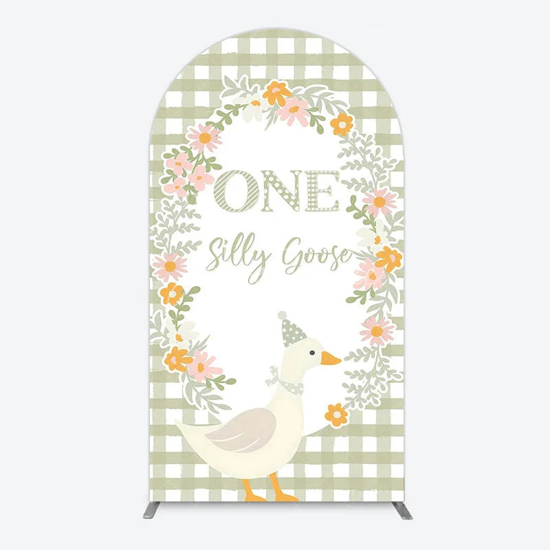 Aperturee - Aperturee One Silly Goose First Birthday Arch Backdrop Gingham with Floral Wreath Farmhouse Party Photo Booth Decor