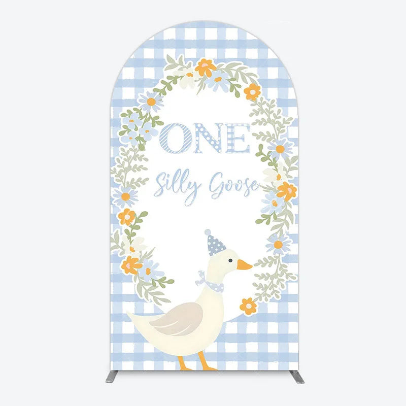 Aperturee - Aperturee One Silly Goose First Birthday Arch Backdrop Gingham with Floral Wreath Farmhouse Party Photo Booth Decor