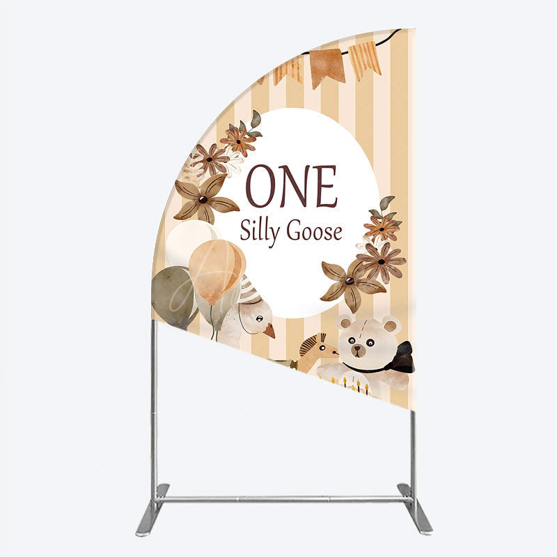 Aperturee - Aperturee One Silly Goose First Birthday Half Moon Arch Backdrop Farm Themed Party with Goose and Bear Rustic Storybook Decor