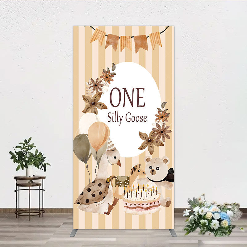 Aperturee - Aperturee One Silly Goose First Birthday Rectangle Backdrop Farm Themed Party with Goose and Bear Rustic Storybook Decor Prop