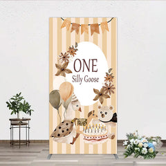 Aperturee - Aperturee One Silly Goose First Birthday Rectangle Backdrop Farm Themed Party with Goose and Bear Rustic Storybook Decor Prop