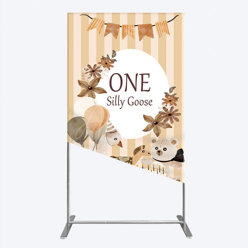 Aperturee - Aperturee One Silly Goose First Birthday Rectangle Backdrop Farm Themed Party with Goose and Bear Rustic Storybook Decor Prop