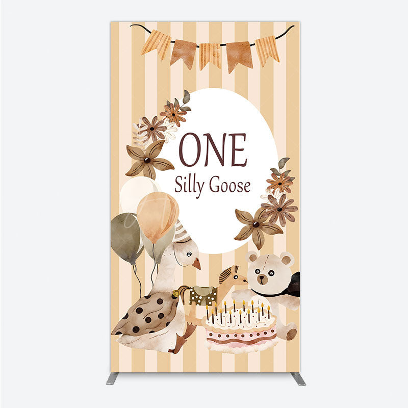 Aperturee - Aperturee One Silly Goose First Birthday Rectangle Backdrop Farm Themed Party with Goose and Bear Rustic Storybook Decor Prop