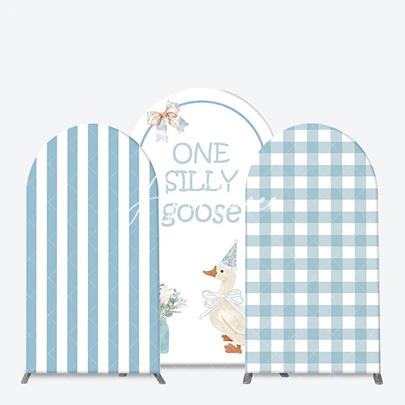 Aperturee - Aperturee One Silly Goose Light Blue Arch Backdrop Kit Stripe and Gingham Patterns for Baby Shower First Birthday Party Decor
