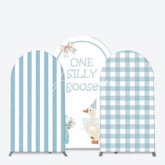 Aperturee - Aperturee One Silly Goose Light Blue Arch Backdrop Kit Stripe and Gingham Patterns for Baby Shower First Birthday Party Decor