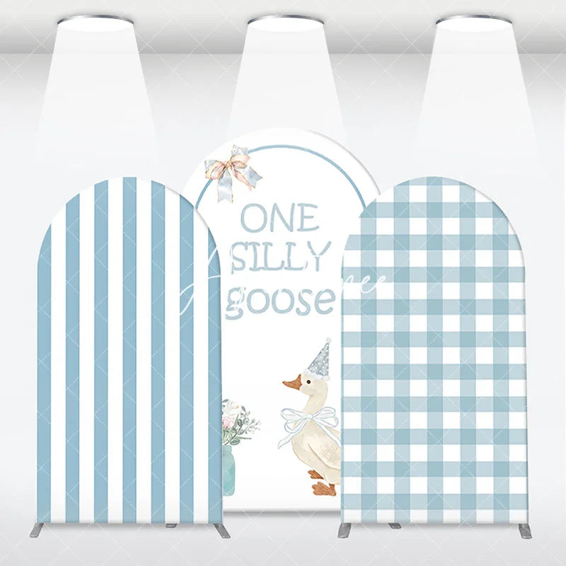 Aperturee - Aperturee One Silly Goose Light Blue Arch Backdrop Kit Stripe and Gingham Patterns for Baby Shower First Birthday Party Decor